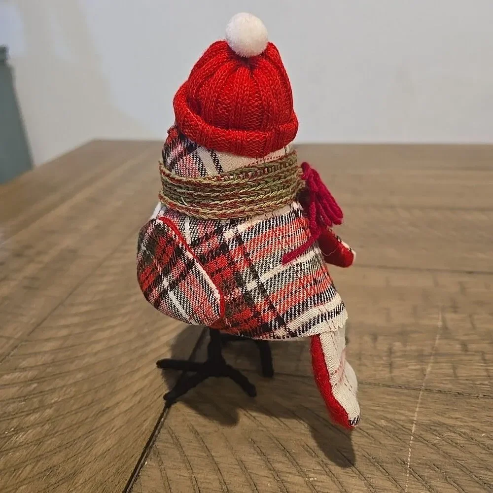 Lot Of 3 Bird Figures Winter Plaid Fabric Bird w/Hats Scarves Felt Christmas